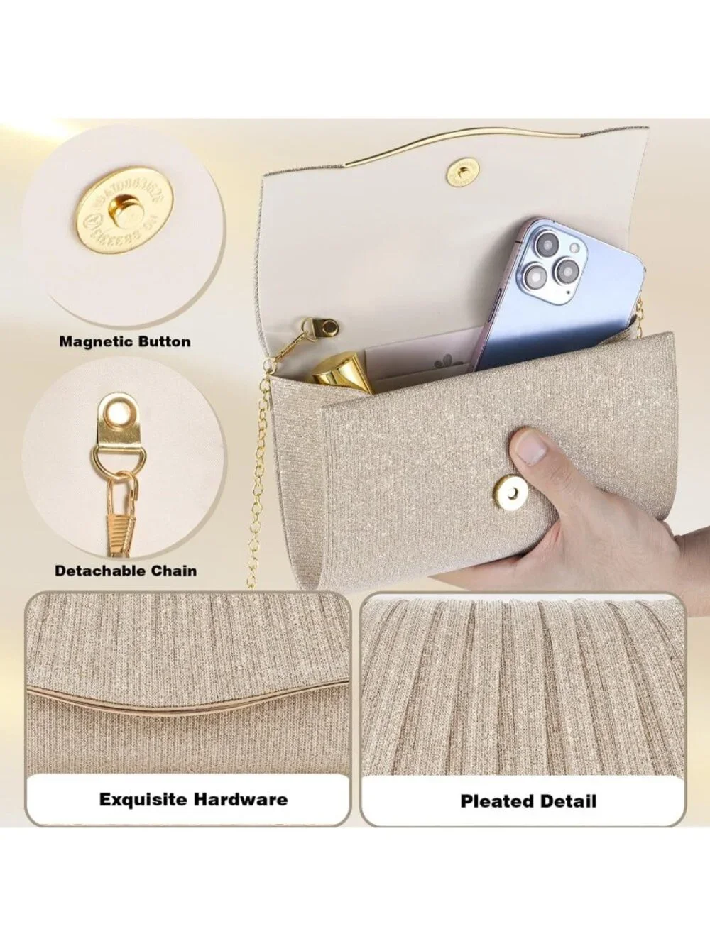 👜 Women's Champagne Formal Dressy Evening Bag Elegance Charm Crossbody Bag